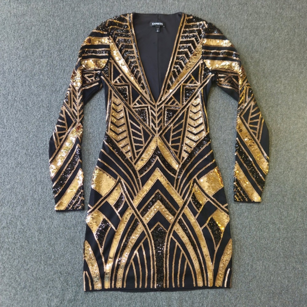 Express NYE Great Gatsby Mini Dress XS Black Gold Sequin Geometric Long Sleeve